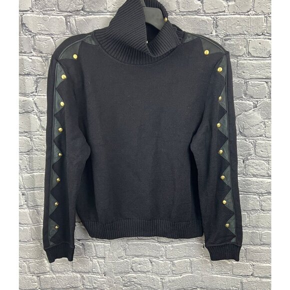 VTG St John Sportswear Sweater Size 14 Black  Turtleneck Santana Knit  Leather L - Picture 2 of 9